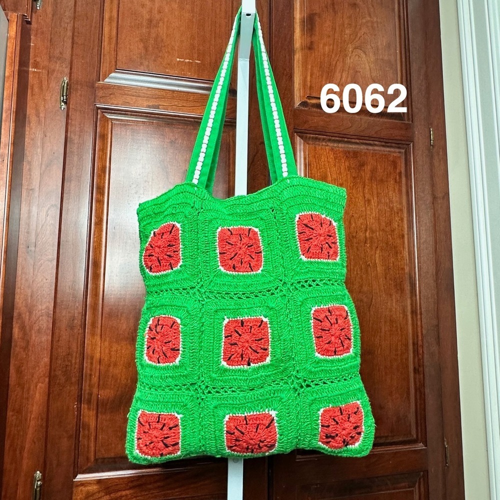 Watermelon Crochet Granny Square Tote Bag Green Red Fruit Summer Shoulder Bag